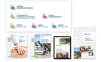 Logoübersicht, Patientenmedium und Website Ansicht Gesundheitscampus Loreley
